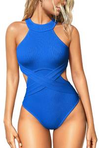 lot 8239 image: OQQ Womens One Piece Swimsuits Tummy Control High Waisted Cross Bathing Suit Wrap Tie Back 1 Piece Swimwear Blue XL