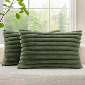 lot 8245 image: decorUhome Cozy Faux Fur Throw Pillow Covers 12x20 Set of 2 Decorative Soft Plush Striped Lumbar Modern Farmhouse Boho Couch Pillow Cases with Velvet Back for Sofa Bed Living Room, Olive Green
