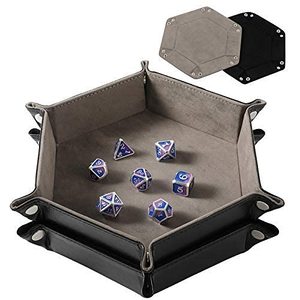 lot 8252 image: Grajar 2 Pcs Portable Folding Dice Rolling Tray Set for RPG DND Table Games - PU Leather and Velvet Holder Storage Box - Black and Grey