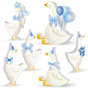 lot 8262 image: 6 PCS Silly Goose Birthday Party Decoratio 1st Birthday Party Decoration Silly Goose Table Centerpieces Blue Bow Wooden Silly Goose Baby Shower Decor for Party Favor Desk Tiered Tray (Blue)