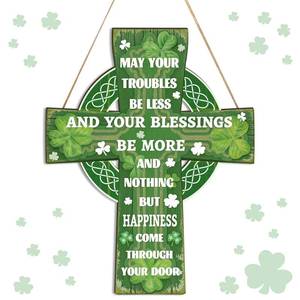lot 8269 image: YGEINIT St Patricks Day Door Wreath Decorations Happy Wooden St. Patricks Day Sign Cross Lucky Shamrock Clover Irish Blessing Spring Decor for Wall Outdoor Home Party Living Room Decoration