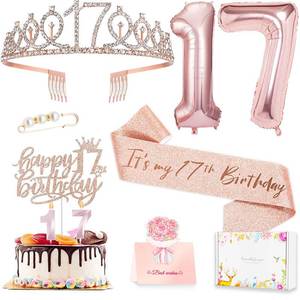 lot 8313 image: 17th Birthday Decorations for Girls, 17th Birthday Sash and Crown, Cake Topper, Number Candles and Balloons, 17 Year Old Gifts for Girls