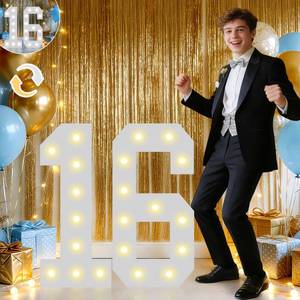 lot 8323 image: Pooqla 2.4FT Light Up Numbers for Sweet 16 Party Decorations, Marquee Numbers Party Decor for Her Him, Mosaic Big Sign for 16th Birthday Decoration Backdrop, Cool White and Warm White Number 16