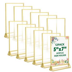lot 8327 image: TonGass 12-Pack 5x7 Gold Acrylic Picture Frames 3mm Gold Border Wedding Table Number Holders, Clear Double-Sided Acrylic Sign Holders for Weddings, Banquets, Parties, Centerpieces