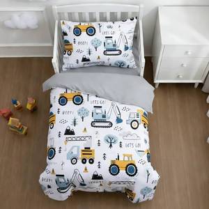 lot 8329 image: NTBED 4 Pieces Construction Toddler Bedding Set for Baby Boys,Tree Truck Vehicles Excavator Cars Printed, Includes Comforter, Flat Sheet, Fitted Sheet and Pillowcase,Light Grey