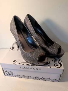 lot 128 image: Rampage Silver Glitter Peep Toe Heels