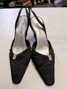 lot 135 image: Metaphor Black Satin Evening Heels with Crystal Accent