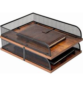 lot 69679 image: 3-Tier Wooden & Metal Mesh Desktop File Organizer - Retail $25