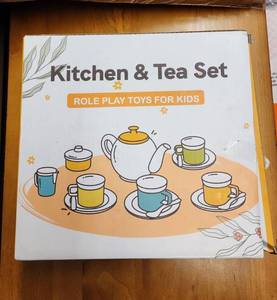 lot 69717 image: Kids Play Kitchen and Tea Set with Colorful Dishes - Retail $15