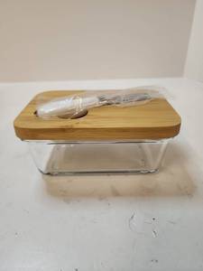 lot 69765 image: Glass Container with Bamboo Lid and Butter Spreader - Retail $15