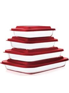 lot 69792 image: 8 Piece Glass Baking Dish Set with Red Lids - Retail $34