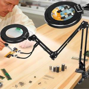 lot 69859 image: Ultra Long 3-Section Arm 12X Magnifying Glass with Light and Stand, LED Lighted Magnifier with Helping Hands  5 Colors Stepless Dimming Desk Lamp with Clamp for Soldering, Craft, Workbench - Retail $45