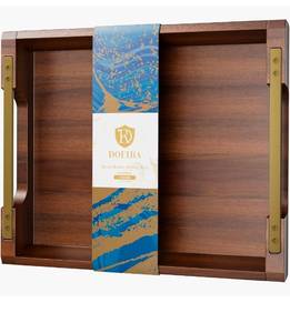 lot 69863 image: Acacia Wood Serving Tray with Metal Handles, 17x13in Food Drinks Tray for Coffee Table, Breakfast, Dinner & Bar, Rustic Decorative Storage Tray for Ottoman, Kitchen - Retail $40