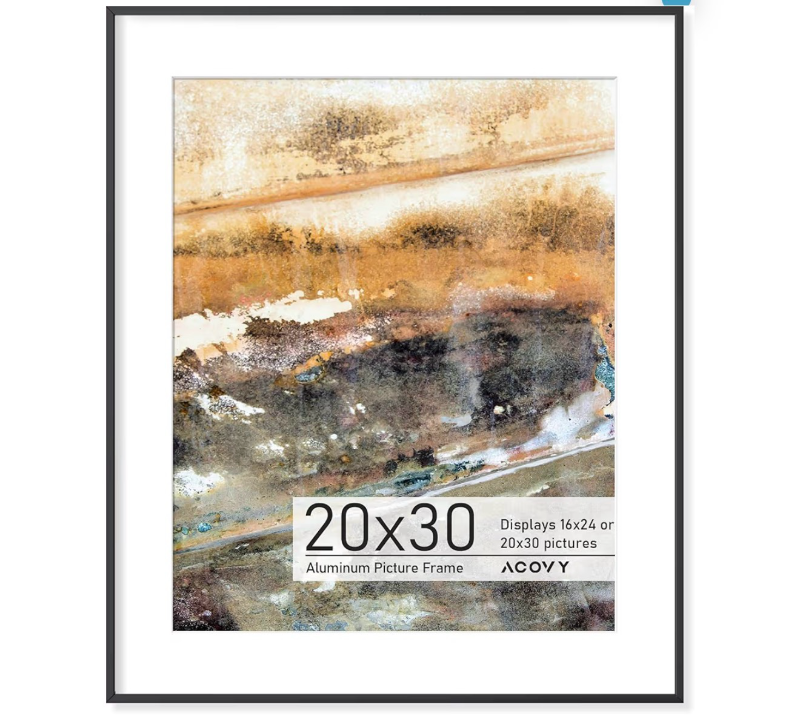 lot 1439 image: 20x30 Poster Frame, 20x30 Frame with Mat for 16x24, Premium Aluminum 20 x 30 picture frame, HD Tempered Glass, Metal Photo Frame for Wall Display, Wall Hook Included (Black, Pack of 1)