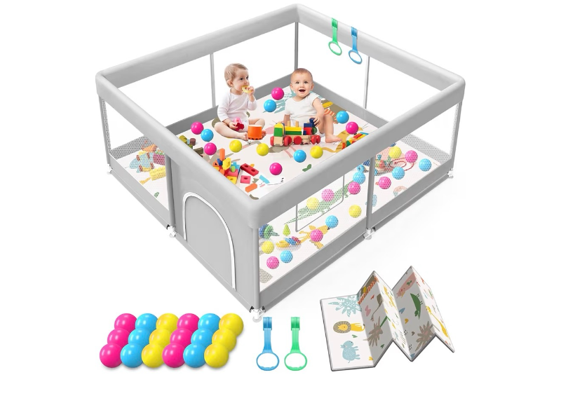 lot 1458 image: Baby Playpen with Mat, 50x50 Inch Playpen with Mat Waterproof for Babies and Toddlers Play Pen Playards Safety Gate Fence Active Center Indoor