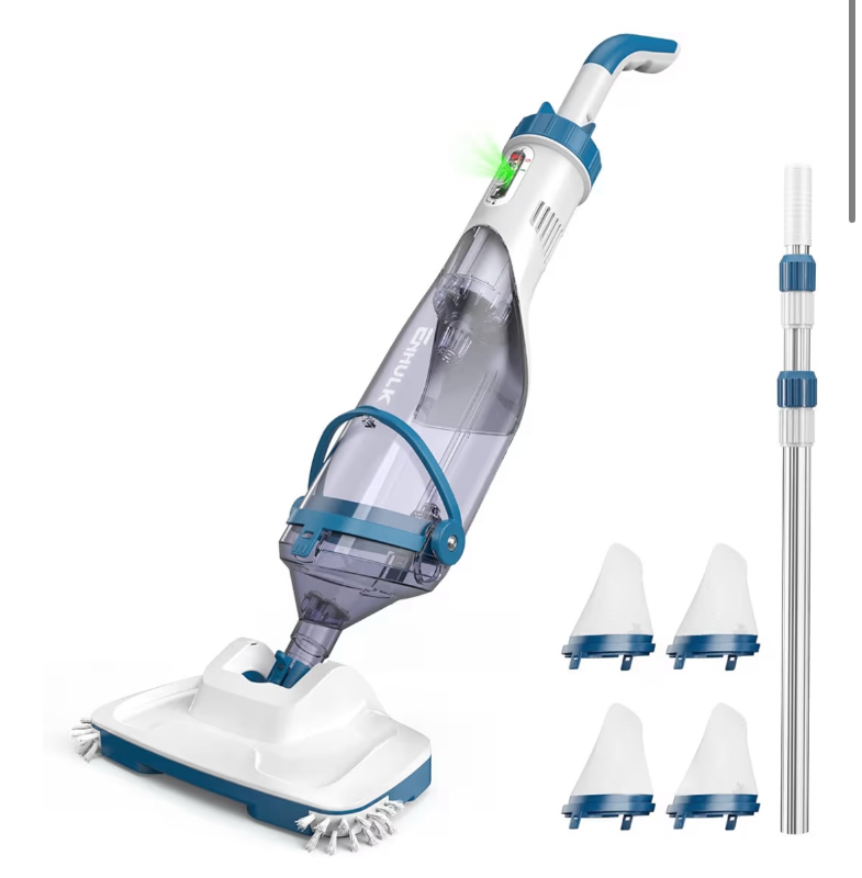 lot 2125 image: ENHULK Pool Vacuum for Above Ground Pool, Upgraded 13.4 Wide Head & Telescopic Pole, 18.5 GPM Suction, 60 Min Runtime, Cordless Handheld Rechargeable Pool Cleaner for Inground Pools (Blue) - Retail $0