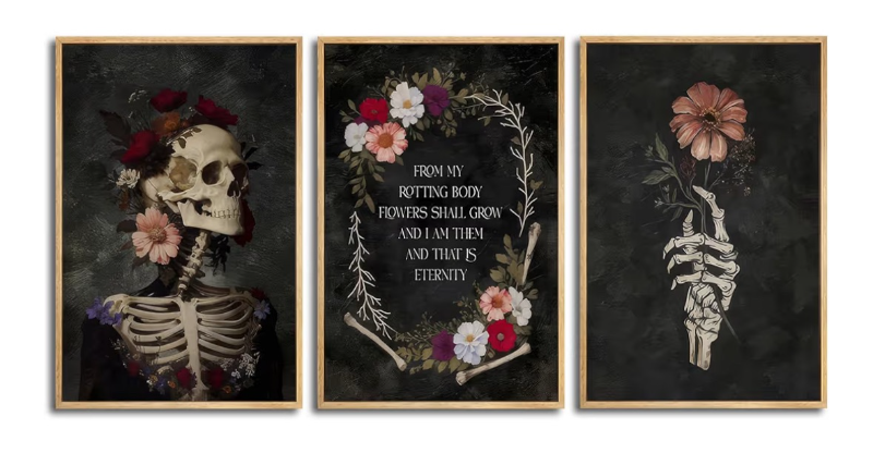lot 2143 image: 3Pcs Gothic Romantic Skull Canvas Wall Art Dark Academia Moody Flowers Wall Decor Pictures Halloween Room Aesthetic Posters Prints for Bedroom Gallery Home Decoration Unframed 16x24 - Retail $0