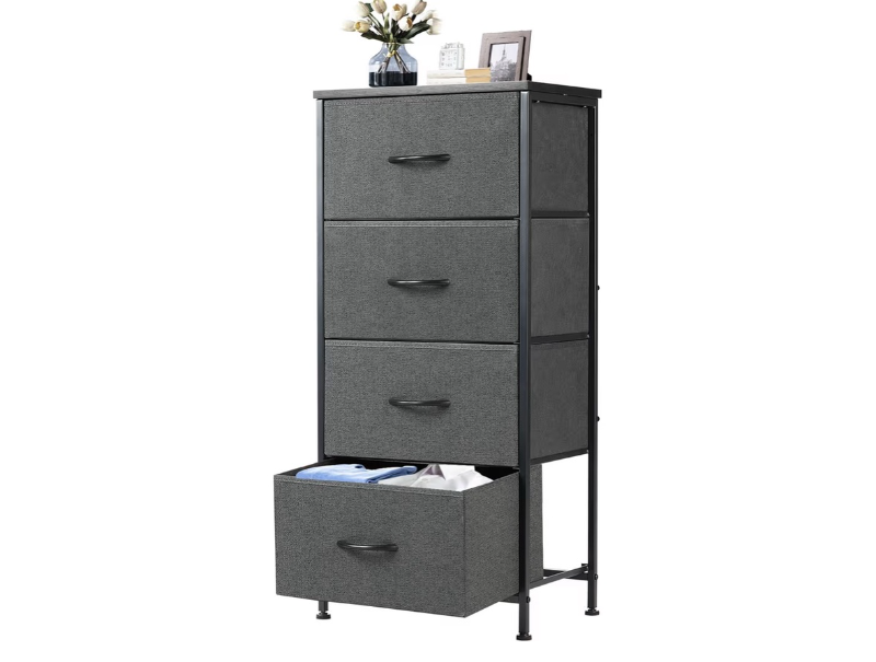 lot 2354 image: DUMOS Nightstand with 4 Drawers Bedside Table with Removable Fabric Bins Sturdy Steel Frame Wood Top Organizer Furniture for Bedroom Closet Living Room (damage on a pilot hole) loose hardware - Retail $0