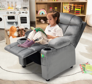 Gray kids recliner with cupholders and foot rest - Retail: $0