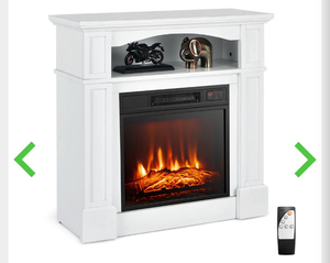 lot 3297 image: Costway Electric Fireplace 18 with Mantel Stand with Shelf 4650 BTUs 1400W (mantel 31in Tall, 32in Long) - Retail $0
