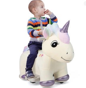 lot 3298 image: Kids Plush Ride-on 6V Electric Animal Ride On Toy Unicorn  w Music & Handlebars - Retail $0