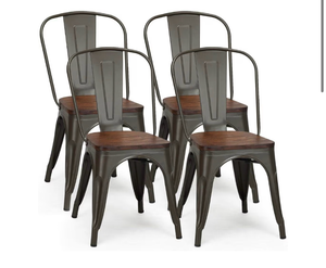 lot 3299 image: COSTWAY 18 Inch Dining Chair Set of 4, Industrial Vintage Stackable Metal Chairs, Counter Bar Chairs with High Backrest, Wood Seat, for Home, Kitchen and Cafe Bar Use - Retail $0