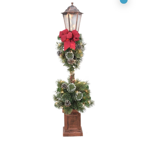 lot 3301 image: 4 Lamp Post with Big Red Bow, 79 Tips, 50 UL Lights - Retail $0