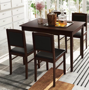 lot 3302 image: Tangkula Farmhouse Dining Table Set for 4, Solid Wood Dining Set wRubber Wood Legs, Upholstered Seat & Padded Backrest, Modern Dining Table and Chairs Set for Kitchen, Dining Room (Reddish Brown) - Retail $0