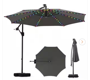 lot 3304 image: 10 ft. Solar LED Cantilever Patio Umbrella in Gray with 96 Lights and Base - Retail $0