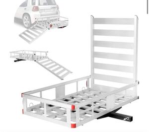 lot 3313 image: ERGOMASTER Hitch Cargo Carrier, 500lb Capacity Trailer Hitch Mount Cargo Carrier with Ramp, 50 x 29.5 Aluminum Cargo Carrier with High Side Rails for RV, Truck, SUV, Van, Car - Retail $0