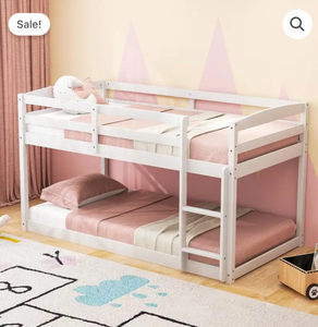 lot 3315 image: Twin Over Twin Solid Wood Low Bunk Bed with Full Guardrails & Integrated Ladder - Retail $0