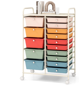 lot 3323 image: Costway 15 Drawer Rolling Storage Cart ToolsScrapbook Paper Office School OrganizerMulticolored (damage on some corners of plastic bins) - Retail $0