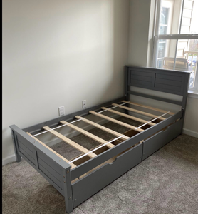 lot 3334 image: (Brown) Full Size Bed Frame with 2 Storage Drawers, Solid Wood Platform Bed with Headboard, Wooden Slats Mattress Foundation, No Spring Needed, Full Bed Frame for Kids, Teens, Adults - Retail $0