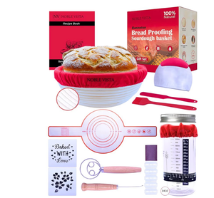 lot 3337 image: Premium Sourdough Starter Kit - Sourdough Bread Baking Supplies with Handmade 9 Indonesian Rattan Basket, Sourdough Starter Jar, Stainless Whisk, Silicone Sling, Stencils, Scoring Tools-20 Piece - Retail $0