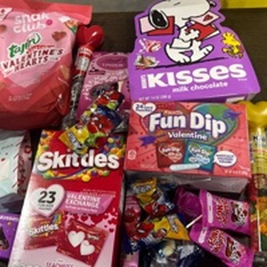 Box of candy (tajin gummies, Hershey kisses, skittles, fun dip, gummy bears, m&ms lindor chocolates and more! - Retail: $0