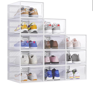 JOOVINS Shoe Organizer for Closet, 12 Pack Clear Plastic Stackable Shoe Boxes, Shoe Storage Containers, Portable Stacking Transparent Sneaker Container Bins for Men & Women - Retail: $0