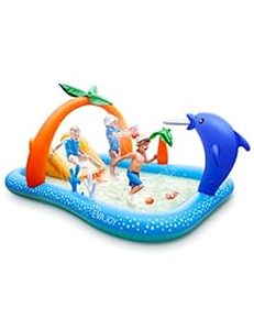 Kiddie Pool,Evajoy Inflatable Play Center Kiddie Pool with Slide, Wading Lounge Kids Pool, Coconut Palm Sprinkler, Ball Toss Game for Toddler, Kid Children, Garden Backyard Water Park, 95''x75''x40'' (B09K4DSNQM) - Retail: $100