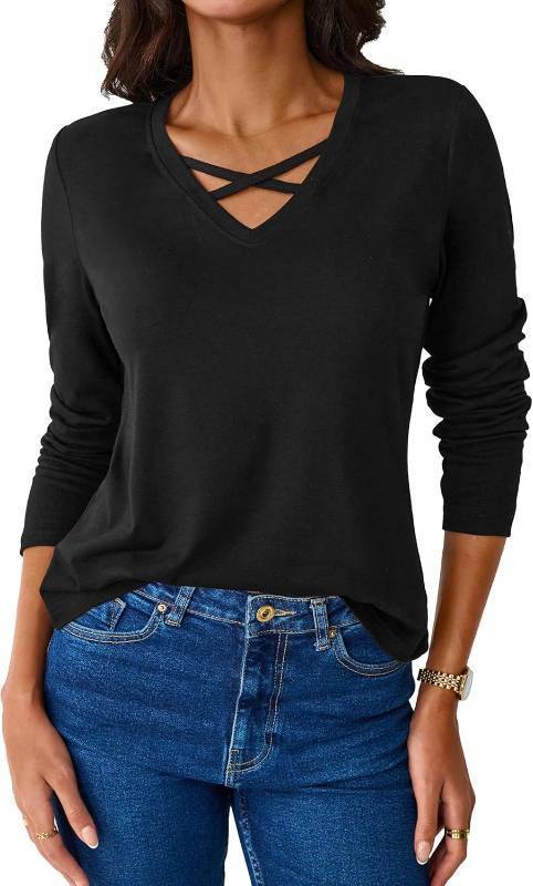 lot 55843 image: NEW SOFIAS CHOICE Women V Neck Long Sleeve T Shirts Vneck Plain Soft Summer Tops Black Small