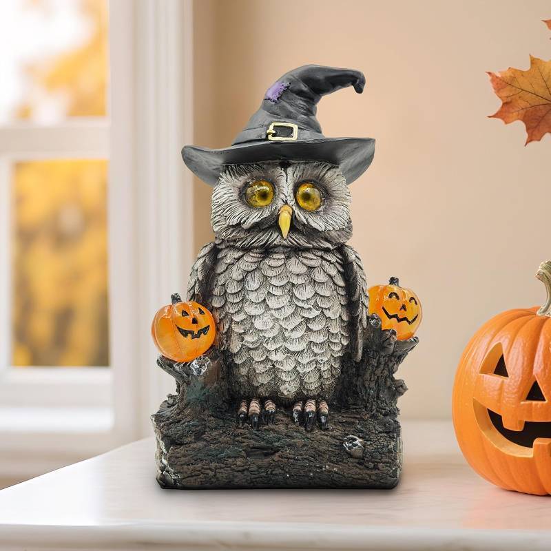 lot 55883 image: NEW Owl Halloween Indoor Decoration 8.9 Witch Hat Owl Ornament with Solar Pumpkins & Eyes for Home Fireplace Office Party Perfect Collectible Figurines Gift for Gothic Lovers