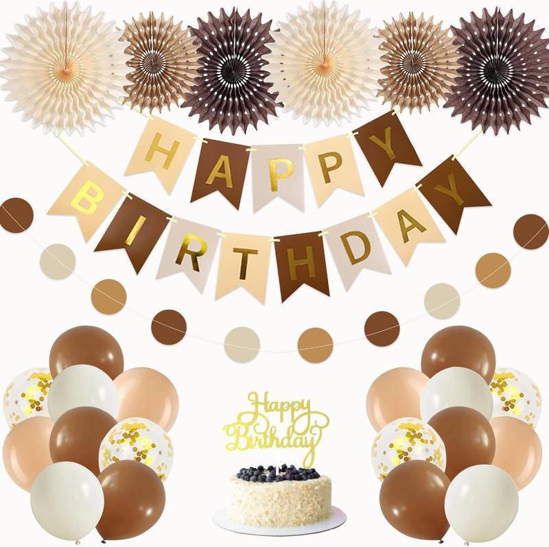 lot 55900 image: Birthday Party Decoration, Happy Birthday Banner with Paper Fans Bunting Flag Tissue Balloon for Girl Women Bday Party Supplies Anniversary Decoration (Brown)