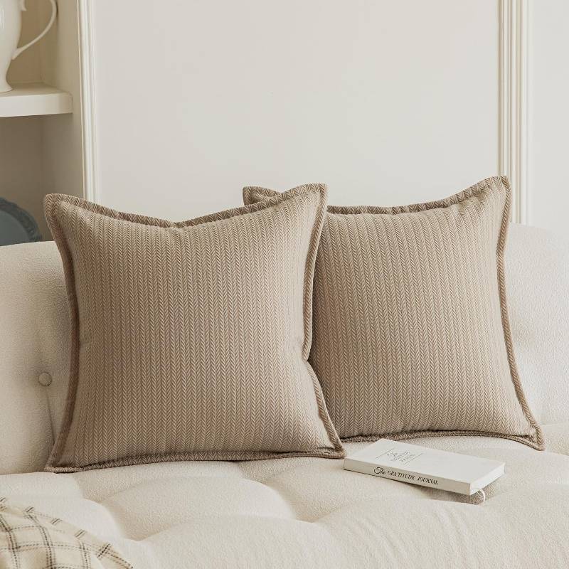 lot 65791 image: Set of 2 Herringbone Embossed Stripe Flange Throw Pillow Covers for Couch and Bed - 18x18, Khaki-Green