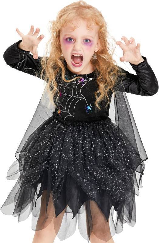 lot 88587 image: IKALI Girls Black Spider Witch Costume Kids Toddlers Child Halloween Black Witch Dress