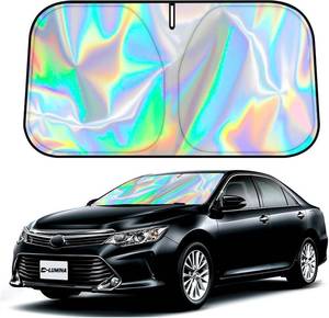 lot 55964 image: D-Lumina Windshield Sun Shade for 2018-2024 Toyo-ta Camry (LE XLE Hybrid SE XSE), Iridescent Reflective Front Window Sunshade Sun Visor Protector Block UV Rays Heat, Foldable 2 Layers 300D Material