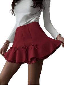 lot 56552 image: MakeMeChic Womens Bow Knot Lace Trim Mini Skirt Tiered Layer Ruffle A Line Short Skirts MED