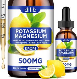 lot 56558 image: NEW SEALED Potassium Magnesium Citrate Supplement, Liquid Magnesium Citrate Drops 500mg with Ashwagandha, Calcium, Zinc, Vitamin D3, B6, B12, CoQ10 - Vegan 2 fl oz Lemon Flavor