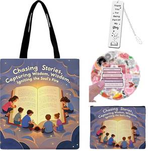 lot 56569 image: VINTAGE EMBROIDERY V.E. Book Lovers Gift Set for Women & Readers - Reading-Themed Tote Bag, Cosmetic Pouch, 50pcs Stickers - Perfect Bookish Gifts for Librarians, Book Clubs, Teachers & Students