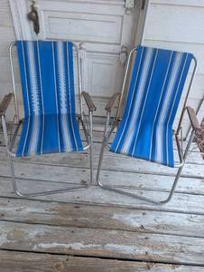 lot 504 image: 1970s Aluminum Folding Beach Chairs - Blue Striped Canvas Set - 2 ct