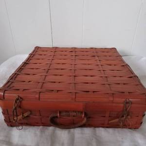 lot 1013 image: Red Woven Split Oak Picnic Basket