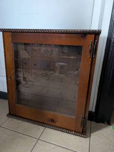 lot 1027 image: Wooden Display Cabinet with Pegboard Interior - 25x5x24 in (includes key)