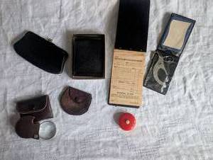 lot 1043 image: Vintage Lot Brush Company Dealer Order Book, Enger Kress Wallet, Peoples Bank Tape Measure, Leather Pouch, Pocket Eyeglass, Post Office Scale&nbsp